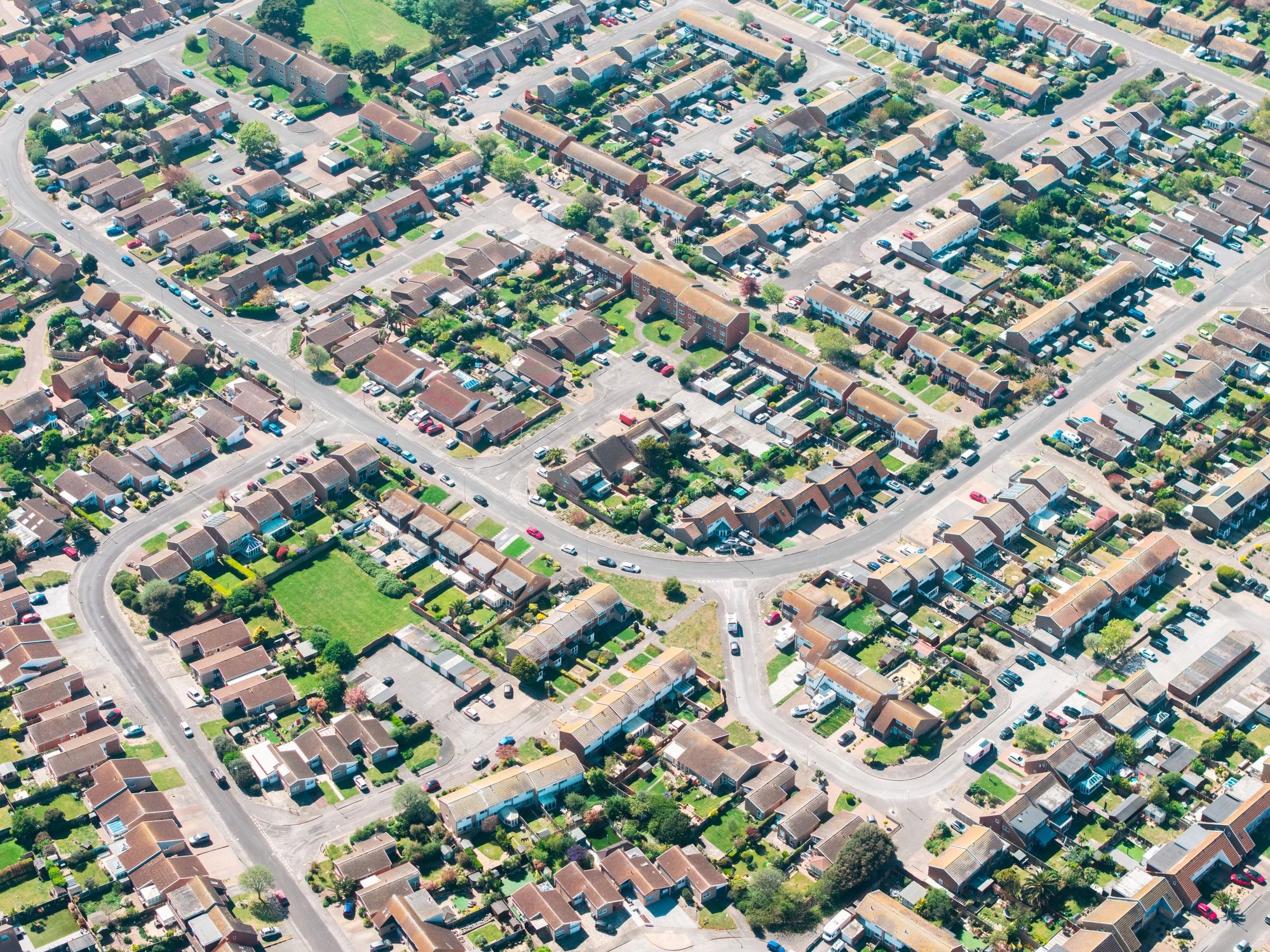 Aerial view of suburban neighborhood homes